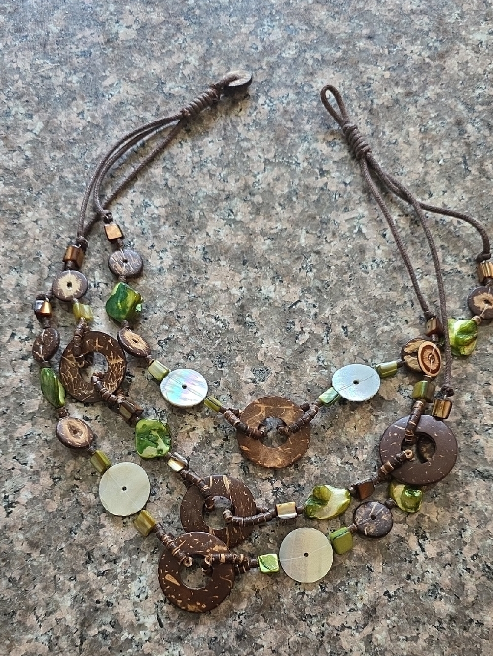 J.jill Layered Natural Bead necklace; Brown, Green & white iridescent MOP discs